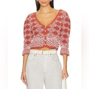 FREE PEOPLE Geo Floral Puff Sleeve Cardigan in Orchid Cinnamon - Size XS - NWT